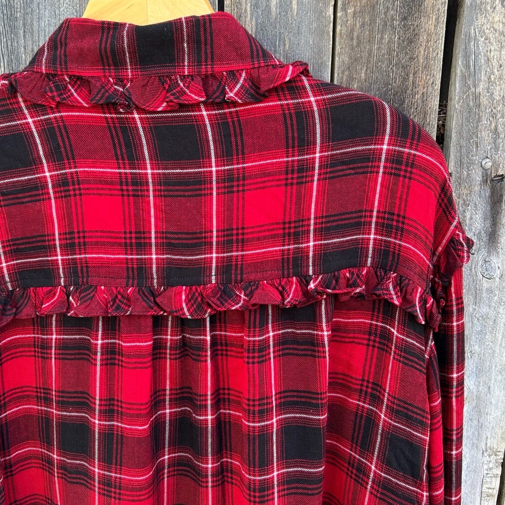 NWT Polo Ralph Lauren Ruffle Plaid Shirt Blouse Viscose Wool Red Black XL - Picture 12 of 16